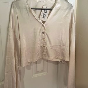 12th tribe satin ivory button up crop top